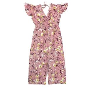 BOG Collective Jumpsuit XXL Pink Floral Romper Wide Leg Jumper V Neck Flutter